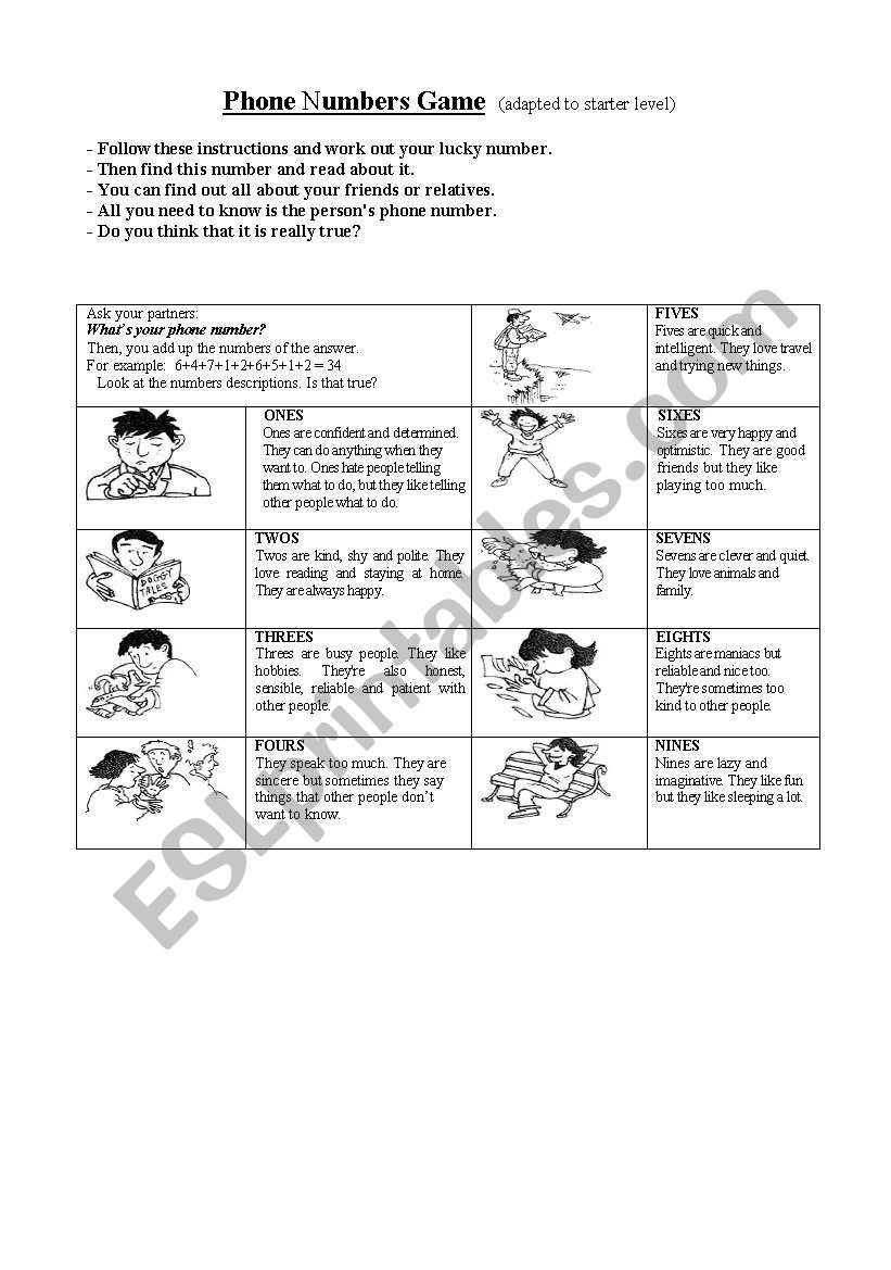 Phone Numbers Game worksheet