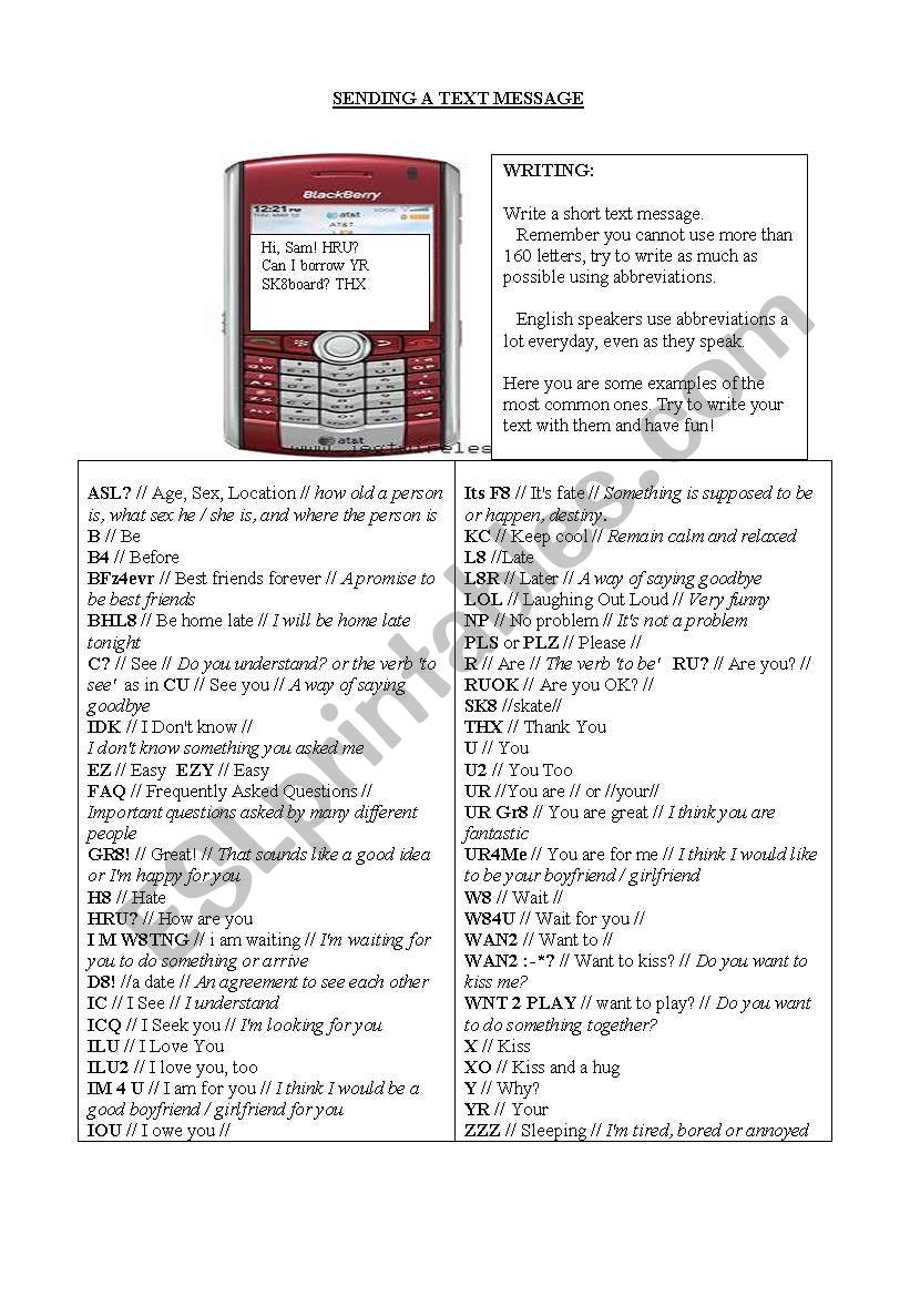 Sending a text message worksheet