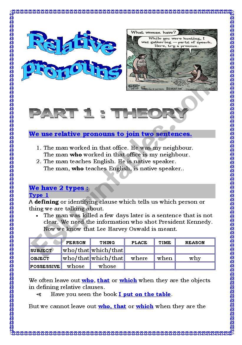 Relative pronouns (4 pages) - theory exercises + answers