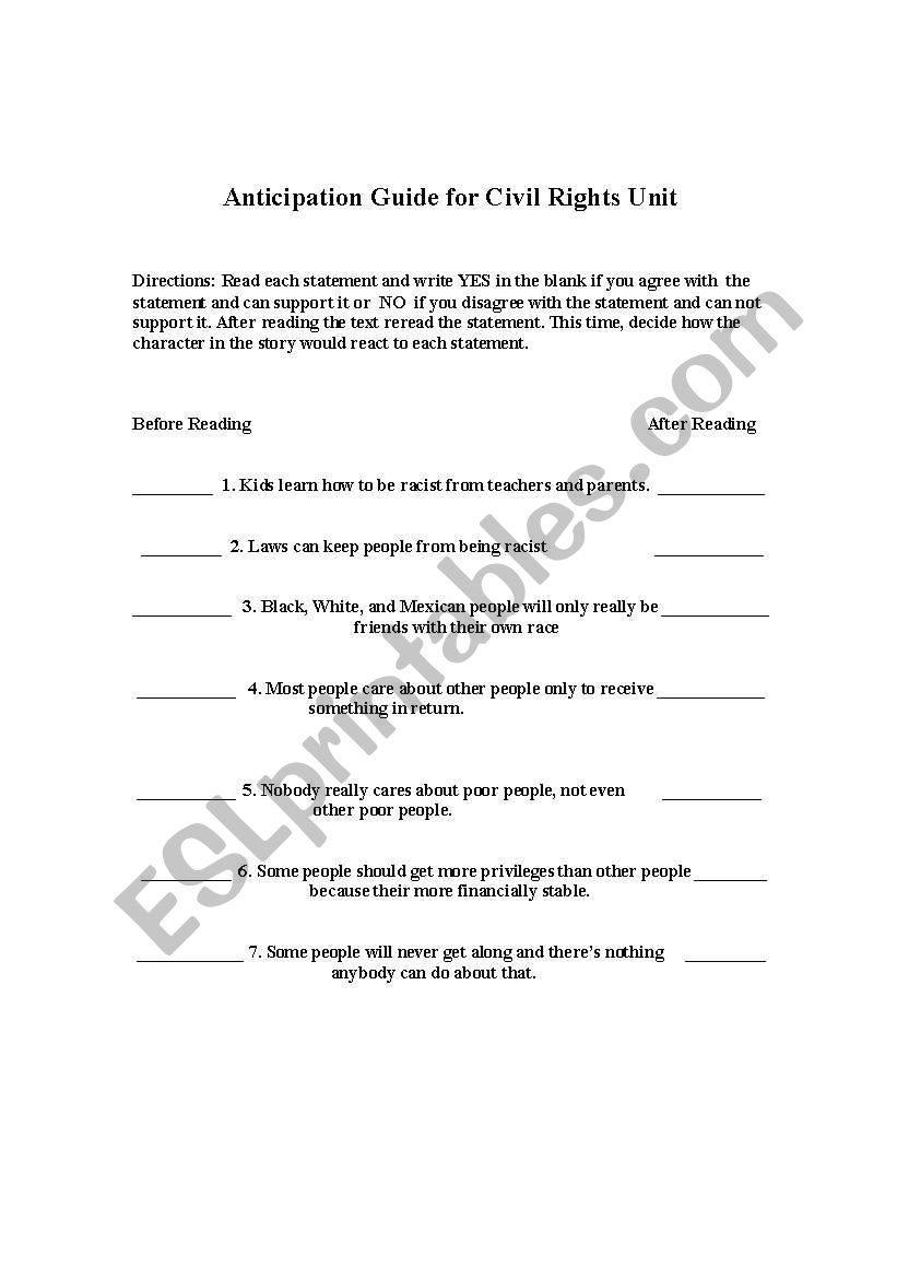 Anticipation Guide for Civil Rights Unit