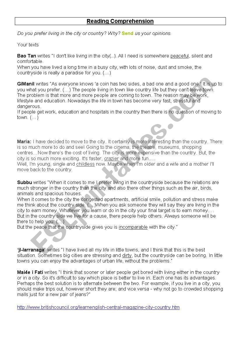Comparison: The Country vs the City. Reading comprehension