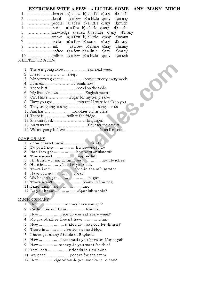 Some any a few etc. worksheet