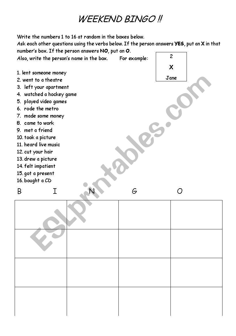 Past Tense Bingo worksheet