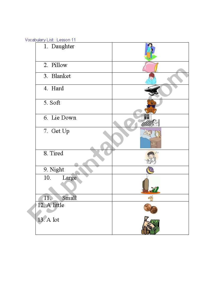 General Vocabulary List with pictures (Lesson 11)