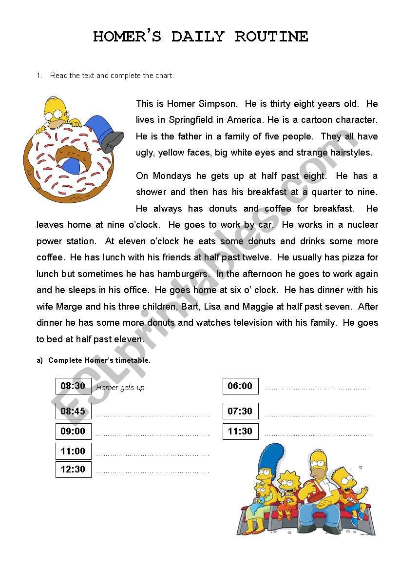 Homers Daily Routine worksheet