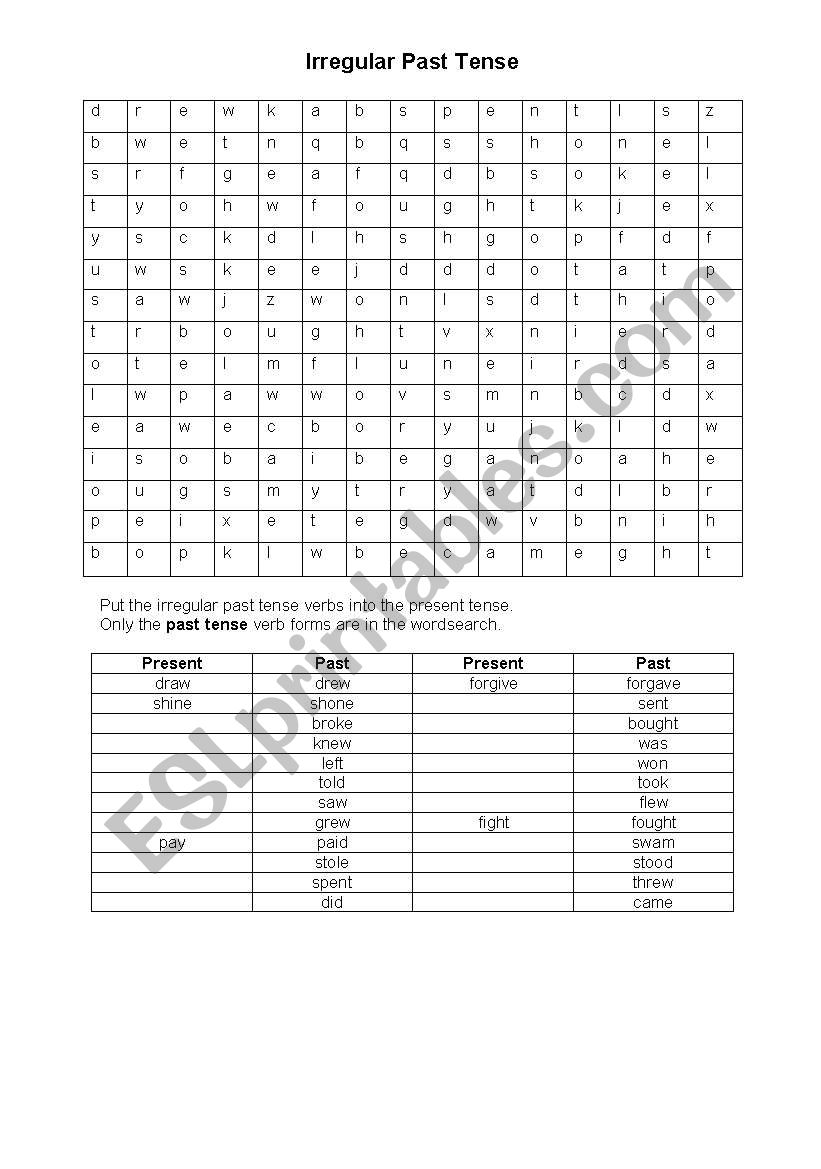 Irregular Verbs Wordsearch worksheet