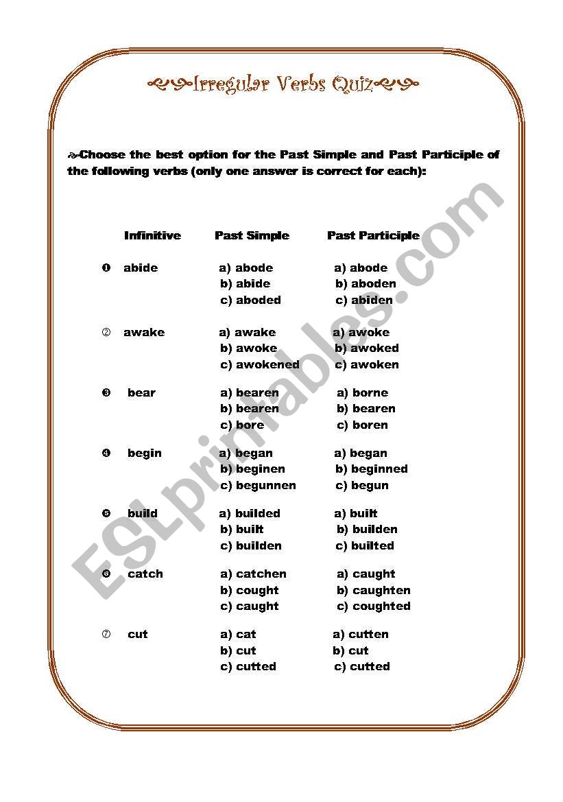 Irregular verbs quiz worksheet