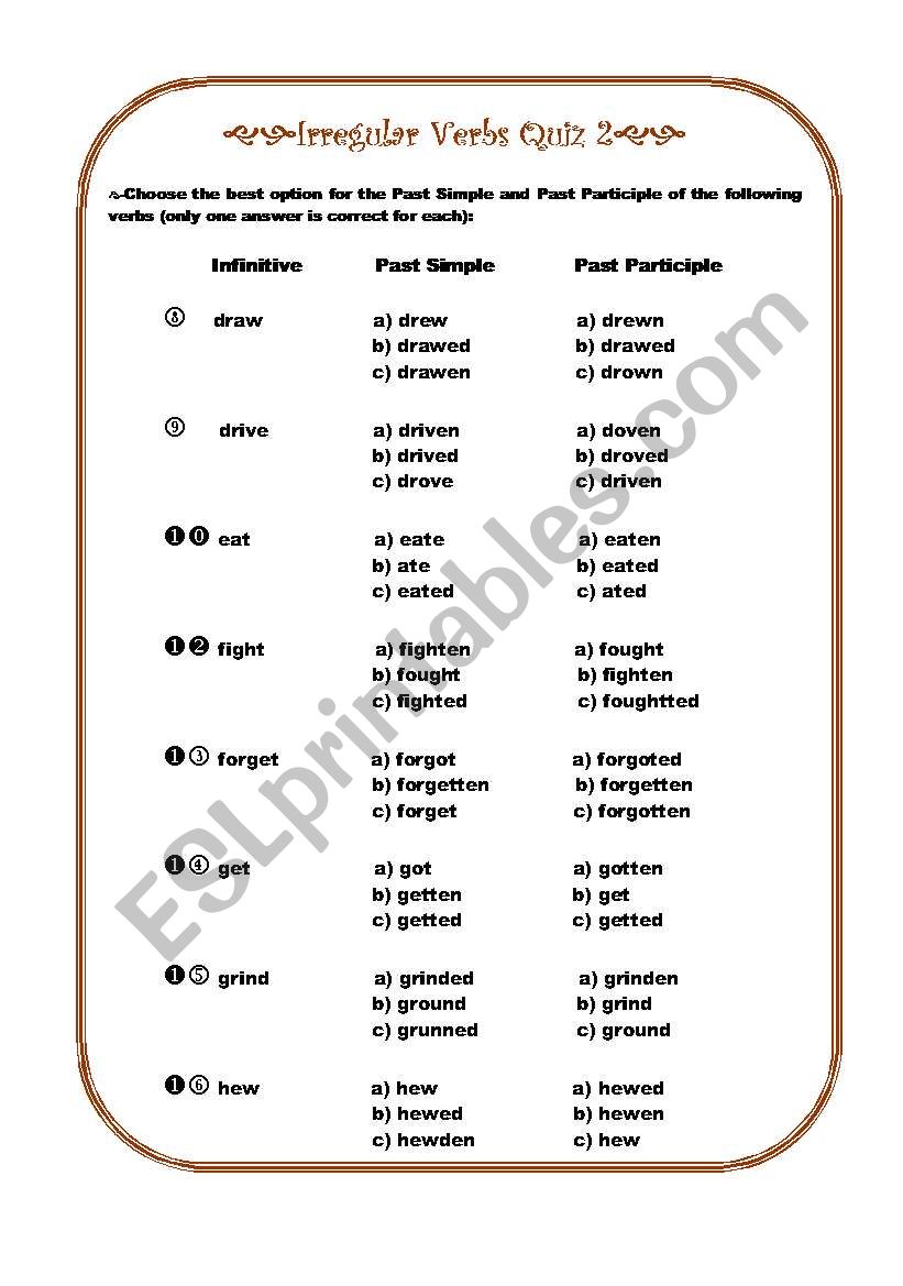 irregular verbs quiz part 2 worksheet