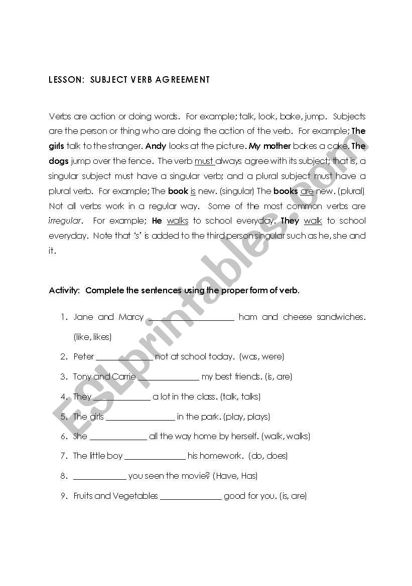 Subject and Verb Agreement worksheet