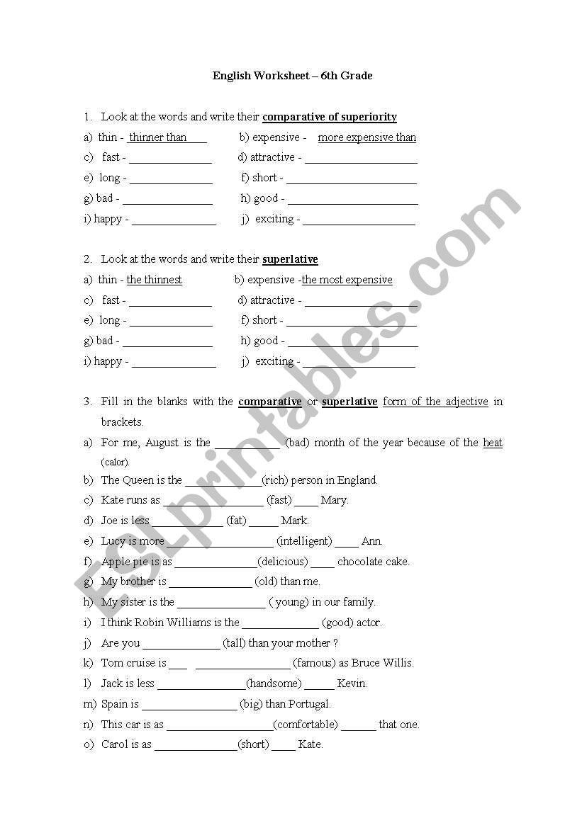 Degrees of adjectives worksheet