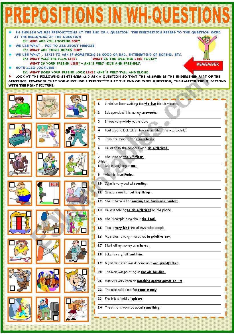 PREPOSITIONS IN WH-QUESTIONS worksheet