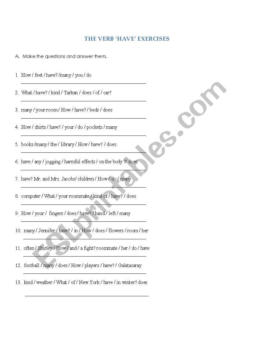 the verb to have exercises worksheet