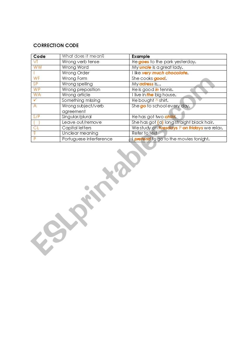 Correction code worksheet