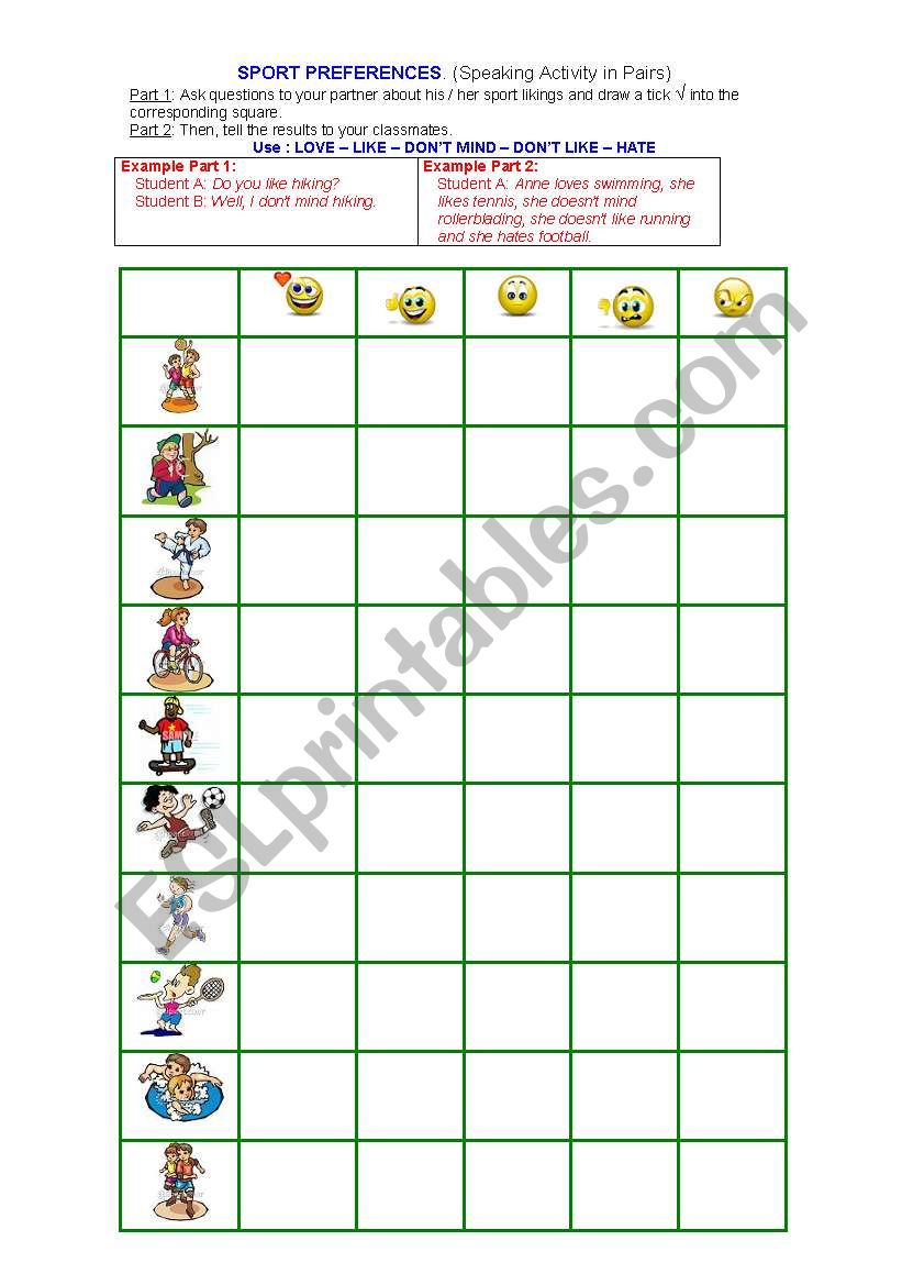 Sports Likes and Dislikes worksheet