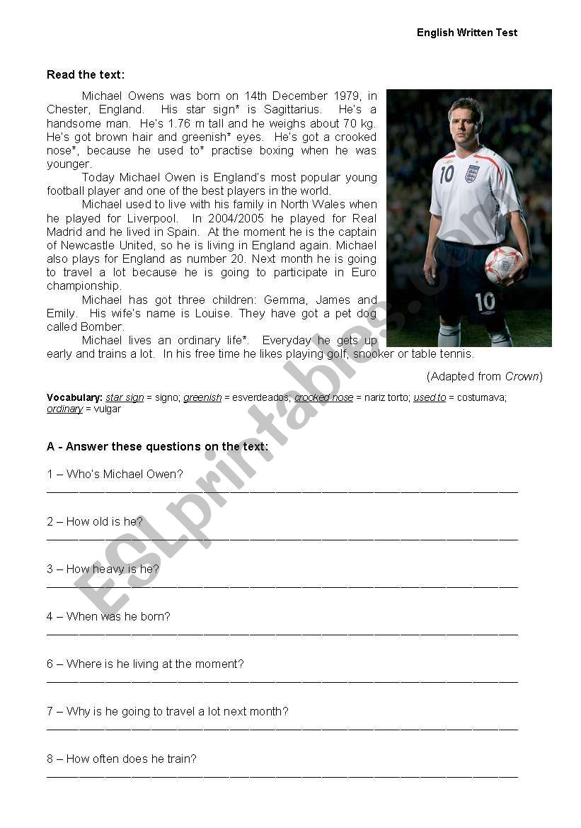 Michael Owen reading worksheet