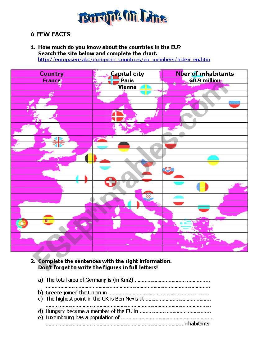 Europe on line worksheet