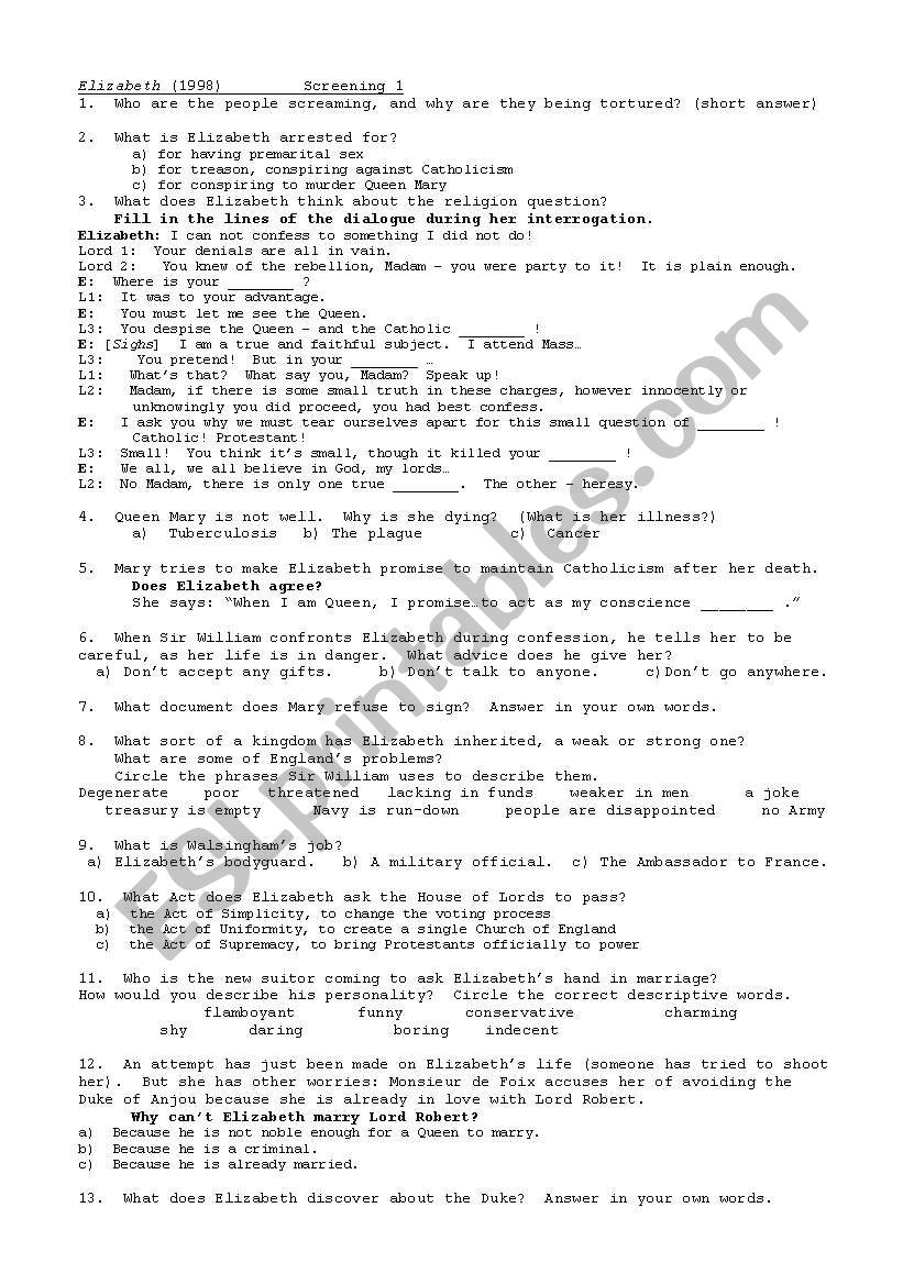 Elizabeth 1998 Film Listening and Comprehension worksheet