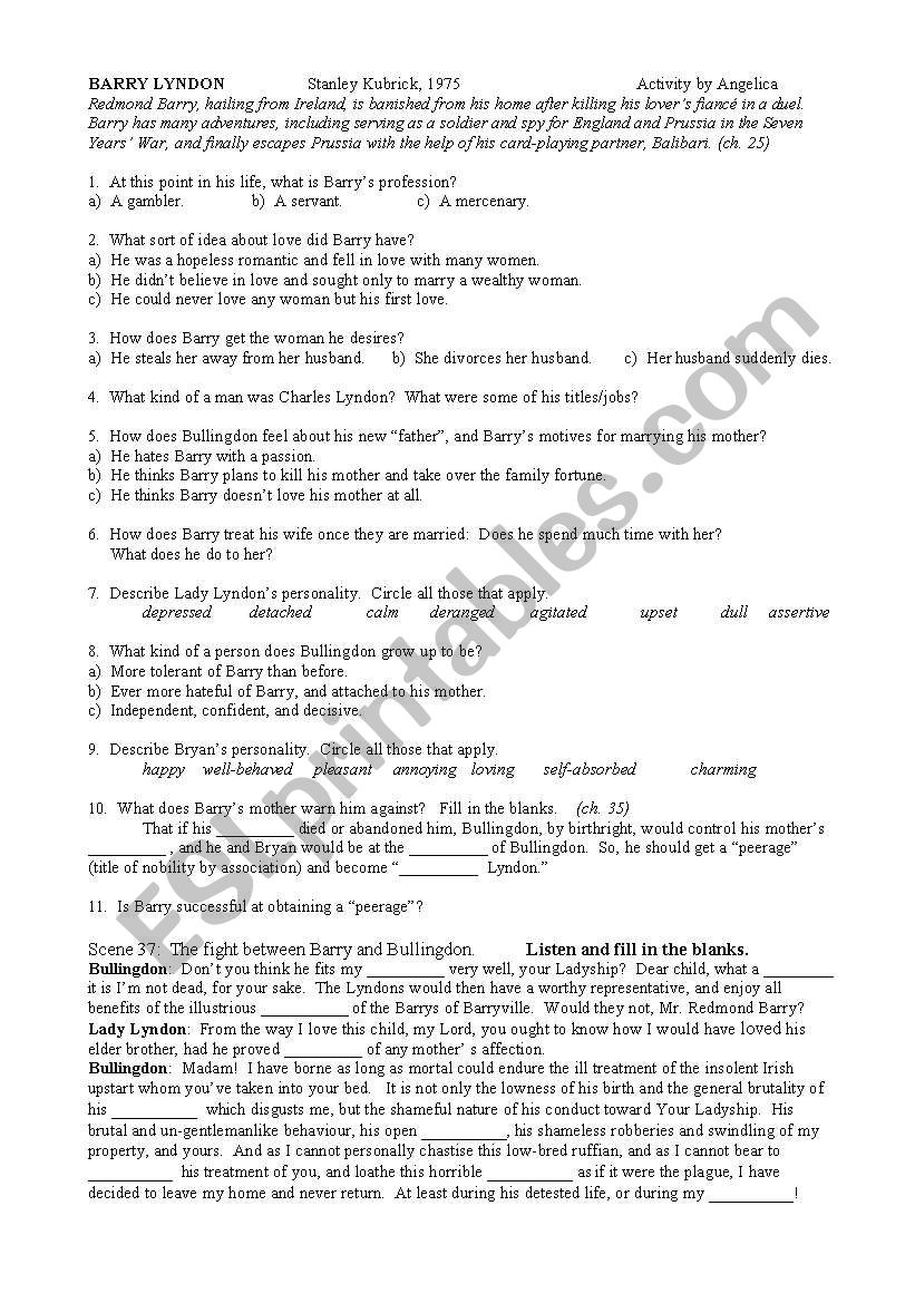 Barry Lyndon Film Listening and Comprehension Worksheet