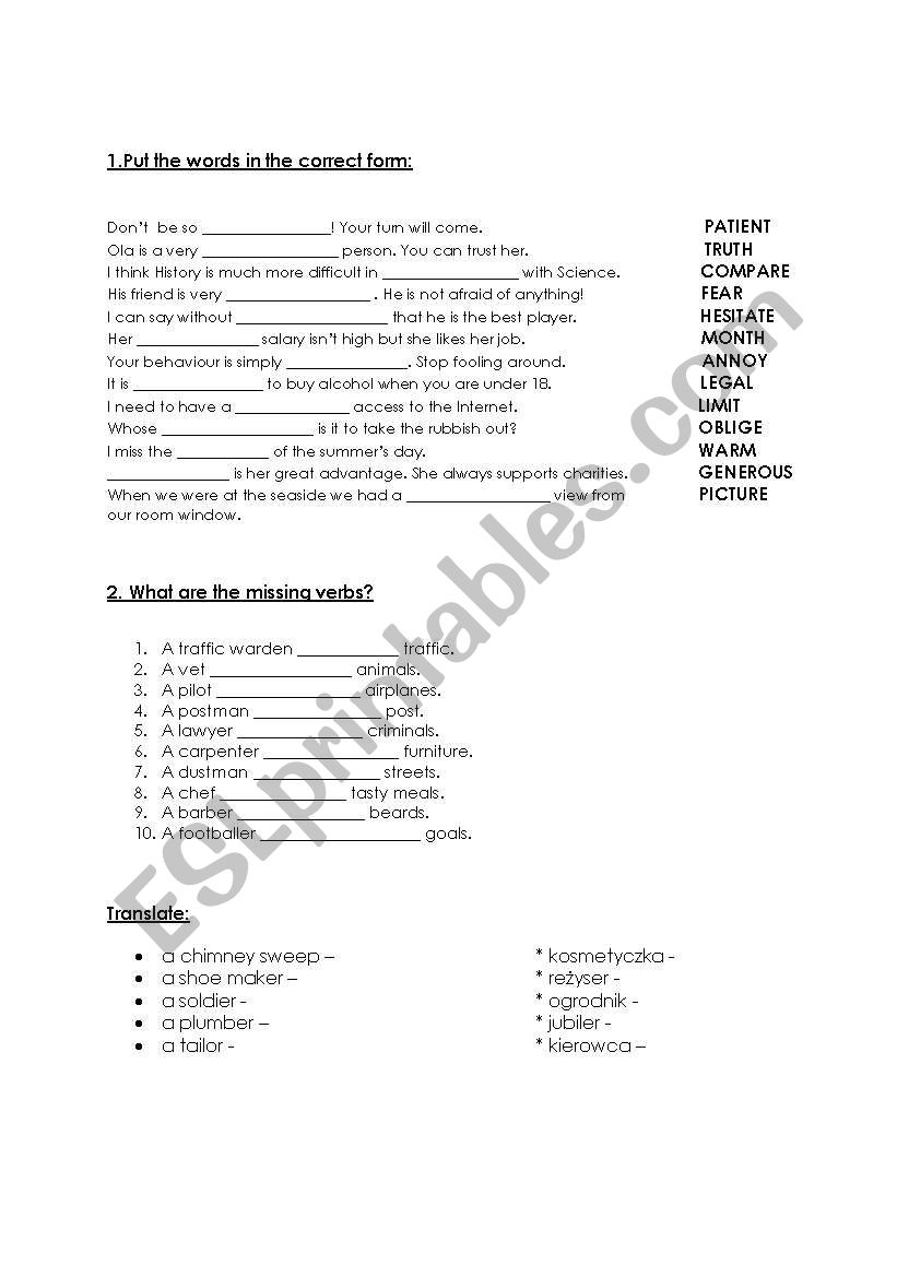 2 PAGES !!! TEST !!! word formation/ verbs connected with jobs/ conditionals/ cloze test...