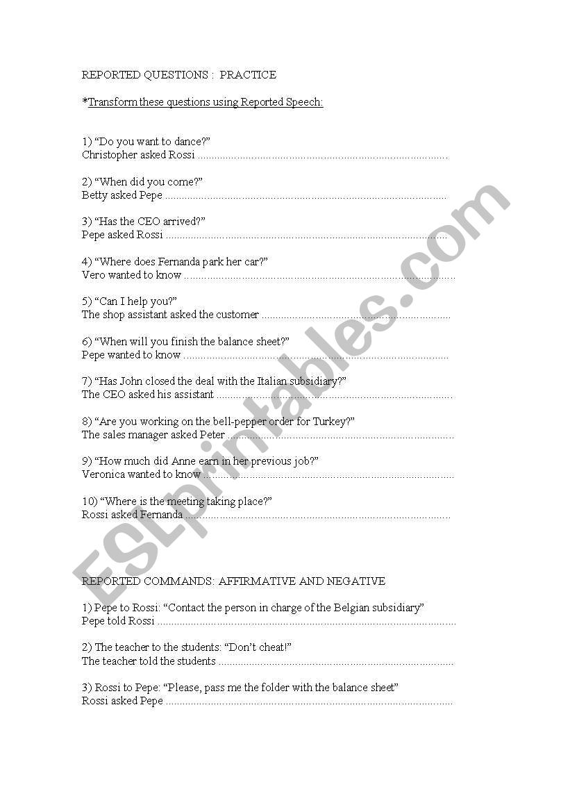 reported questions worksheet