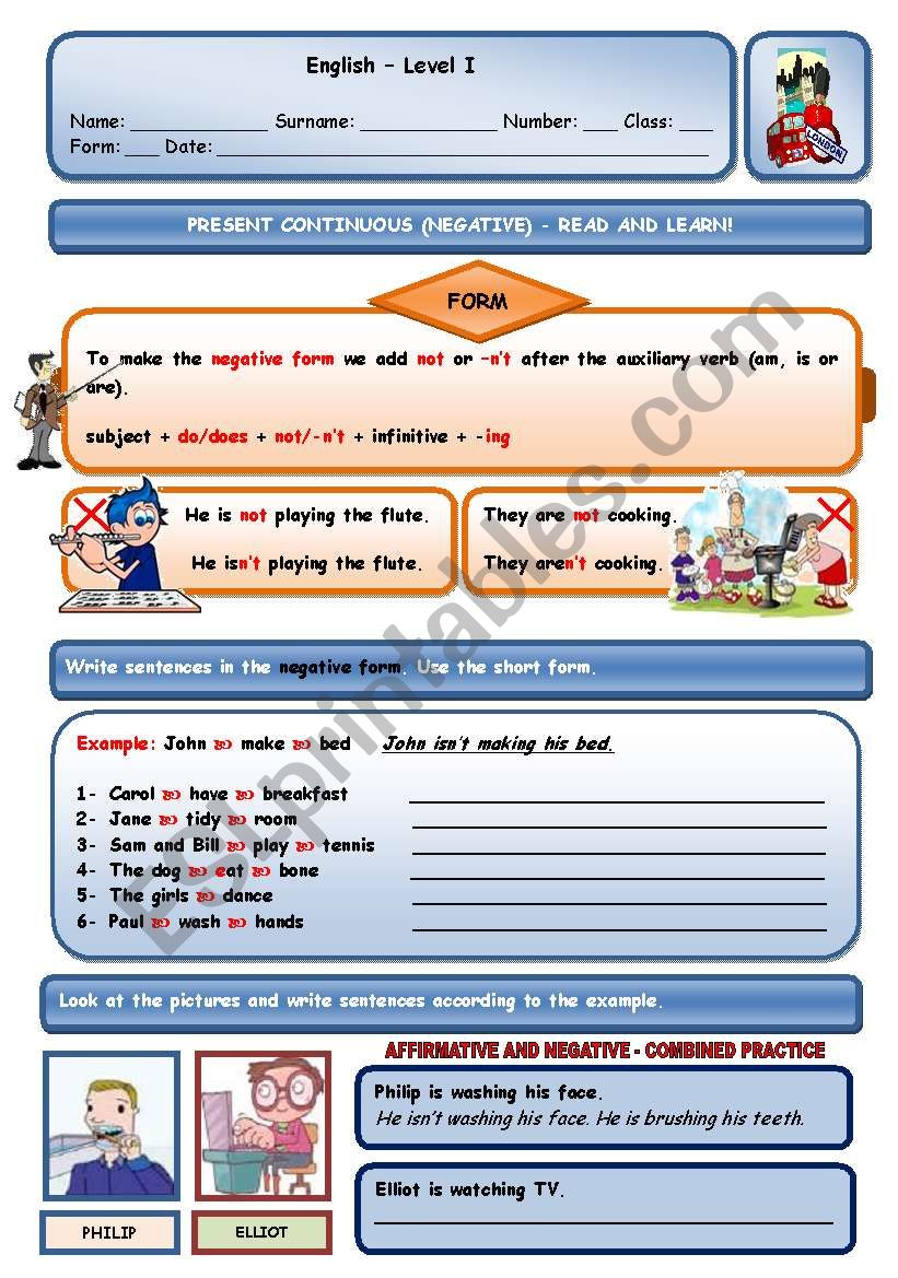 PRESENT CONTINUOUS - NEGATIVE (TWO PAGES)