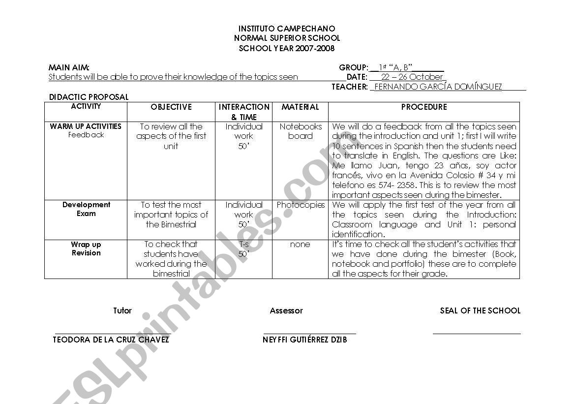 class plan for the end of the unit