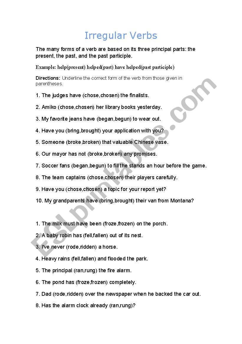 irregular verbs worksheet