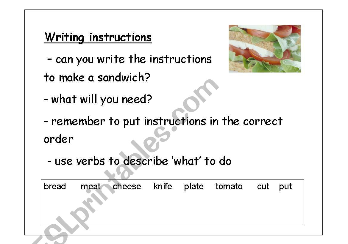 Writing instructions to make a sandwich - ESL worksheet by mini_cooper