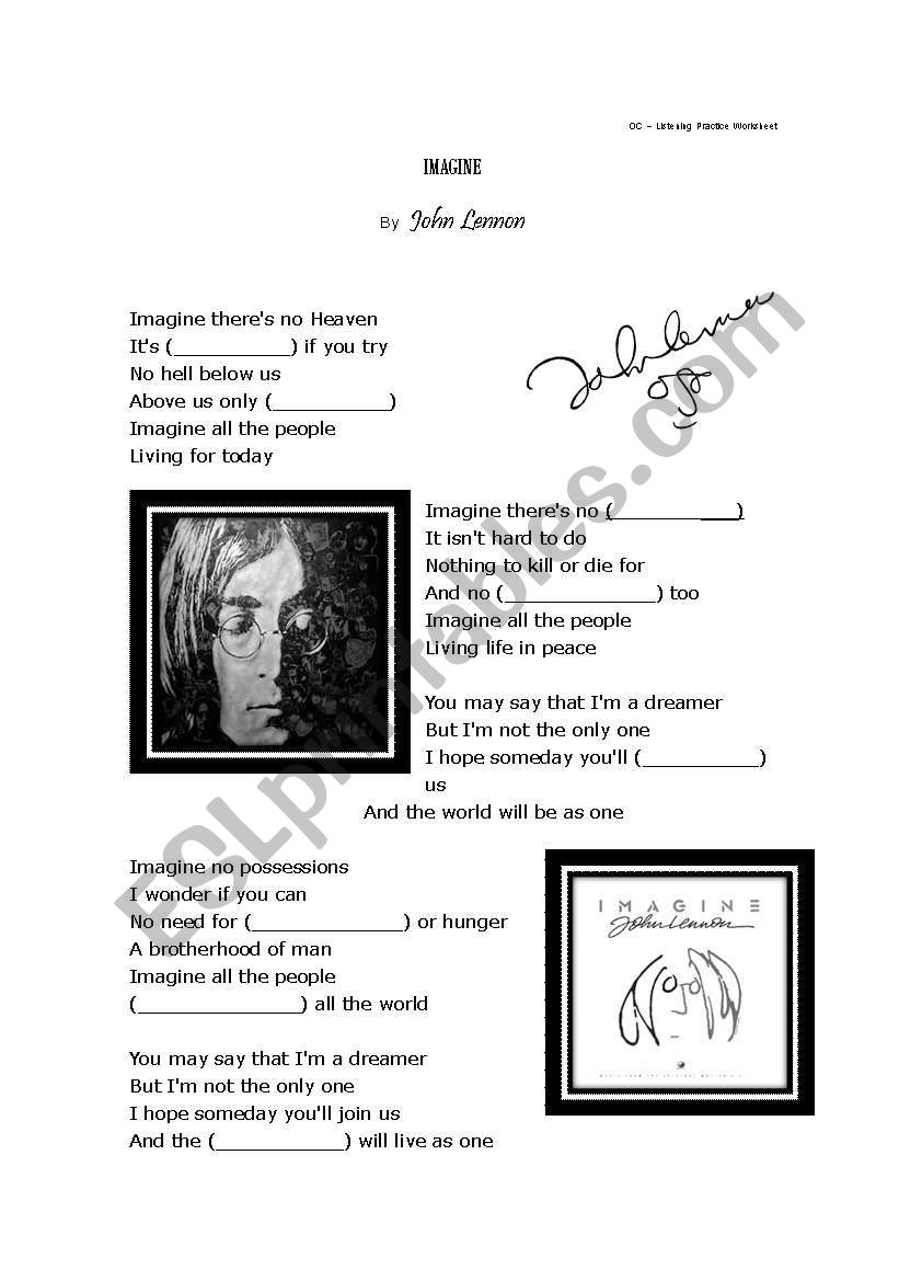 John Lennon - Imagine / lyrics work sheet