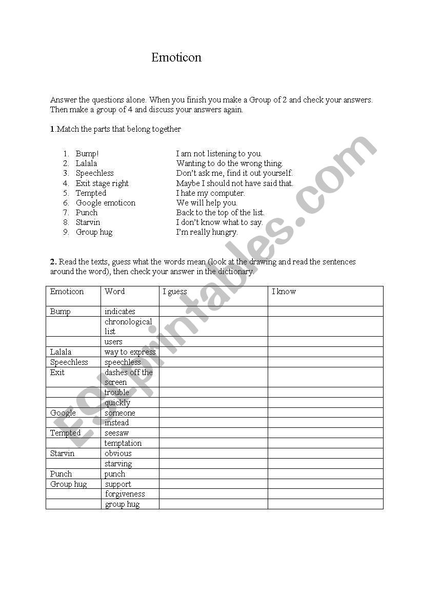 emoticons worksheet