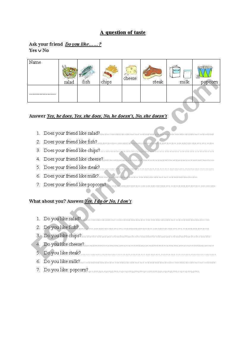 a question of taste worksheet