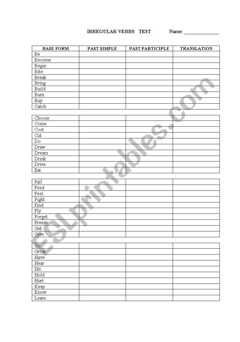 IRREGUALAR VERBS TEST worksheet