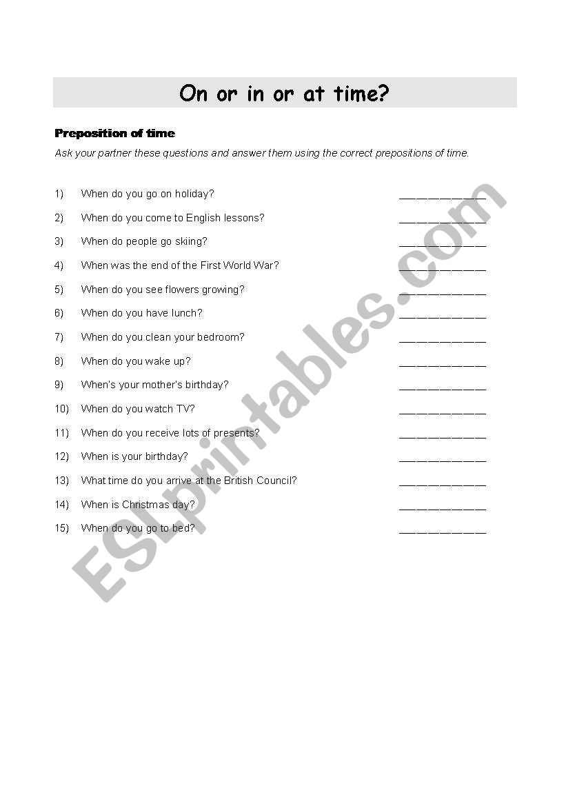 Prepositions of time worksheet