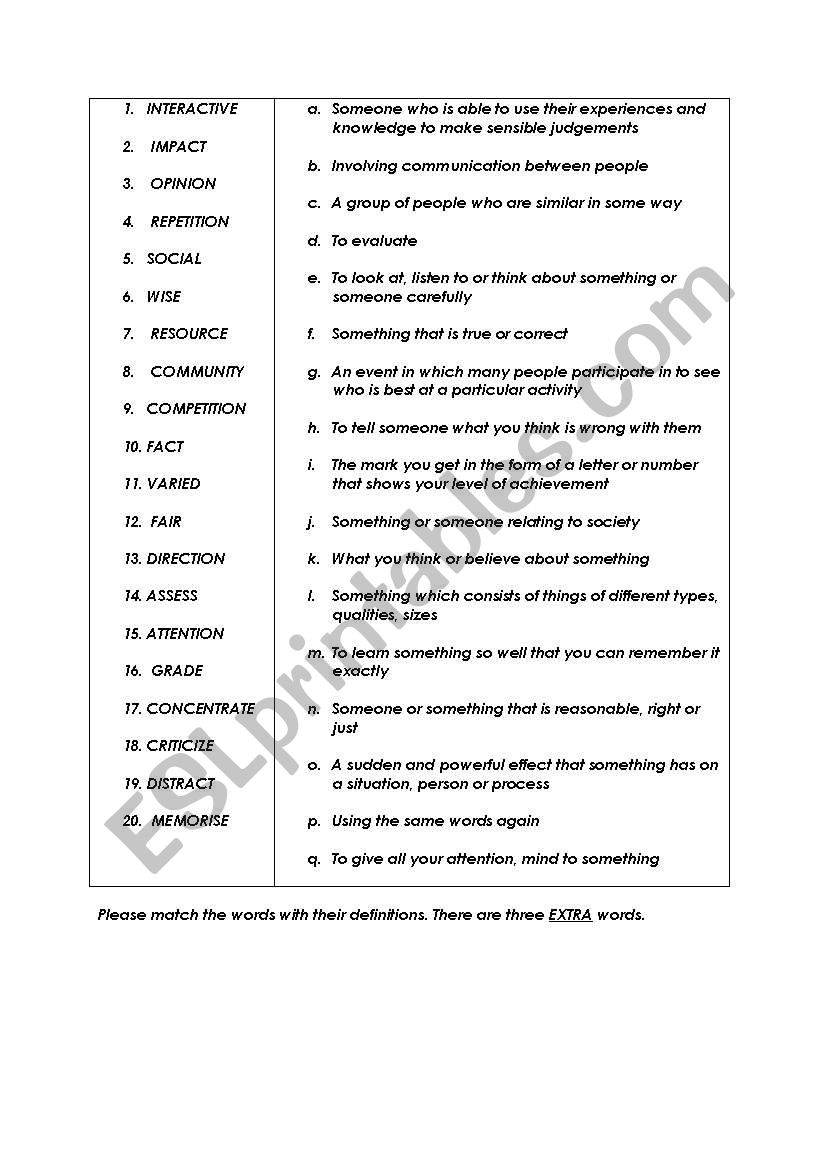 vocabulary on exams worksheet