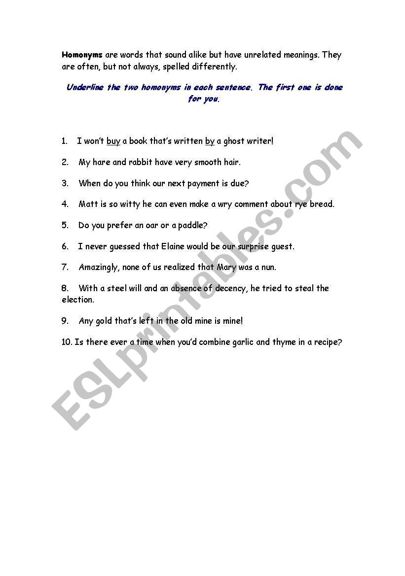 Homonym worksheet