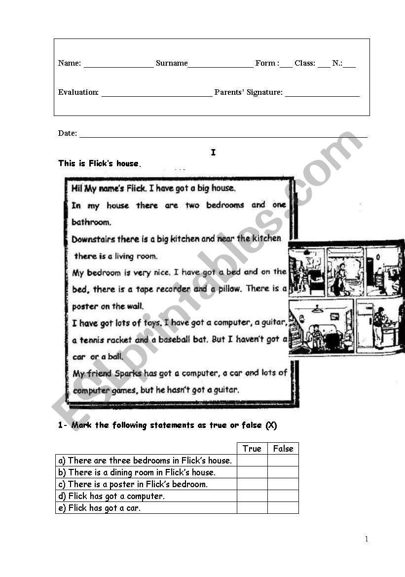 Flicks house worksheet