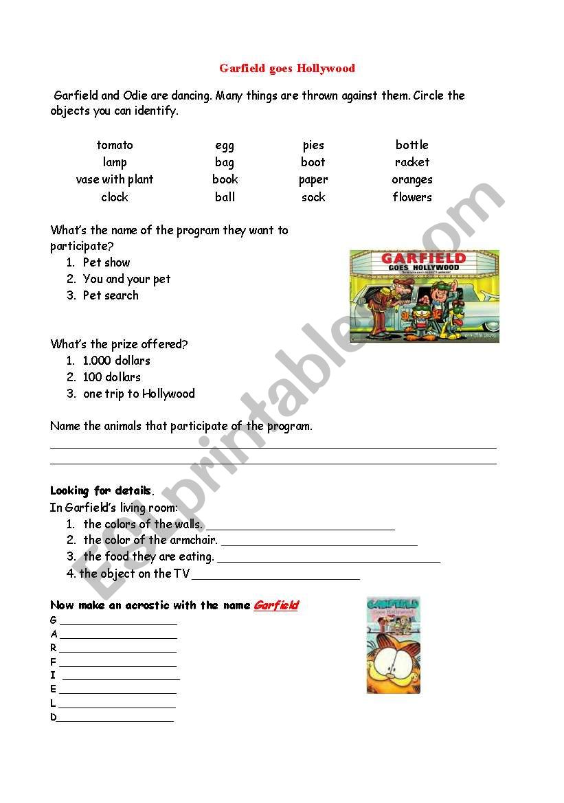 garfield goeshollywood worksheet