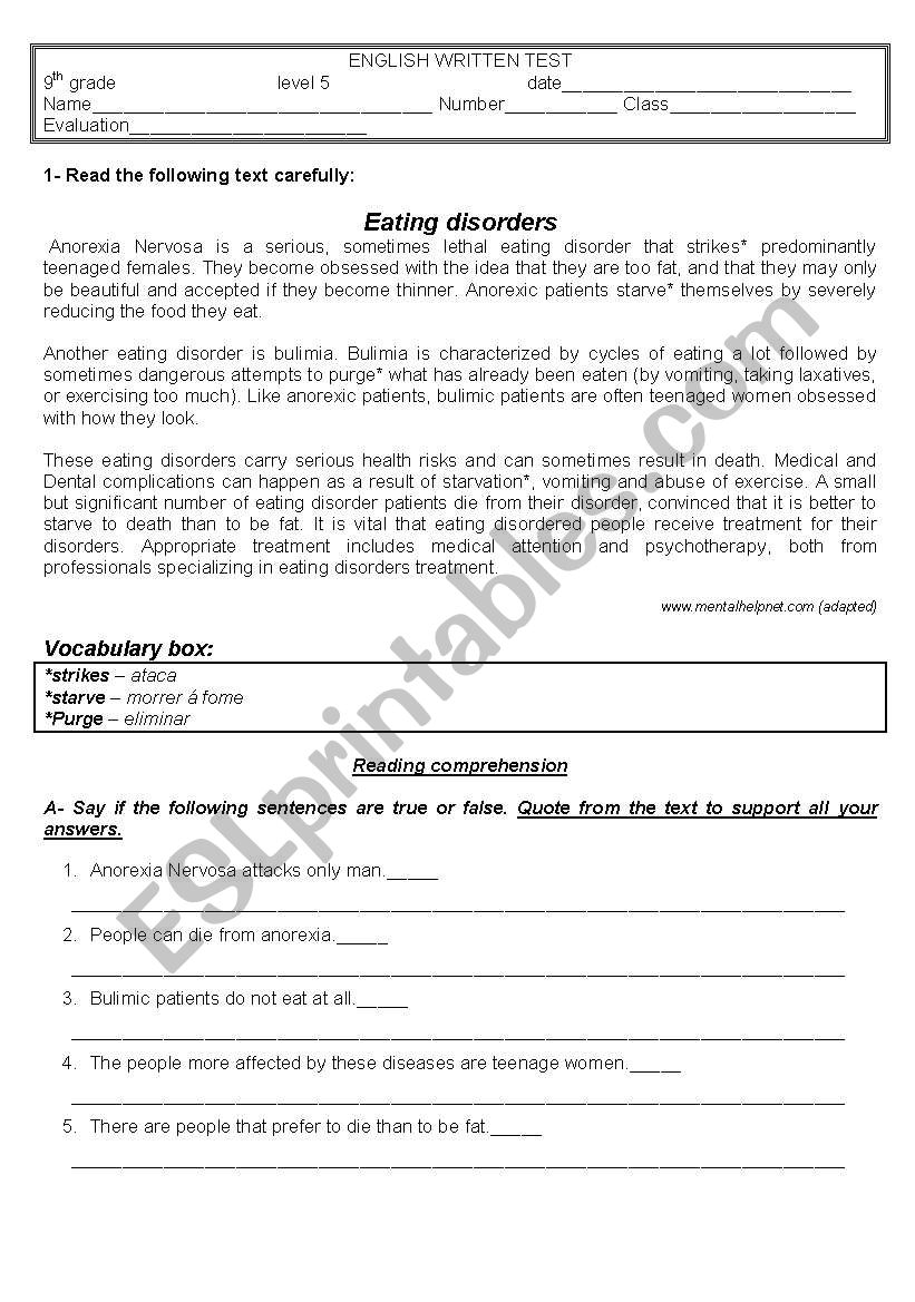 Eating disorders -  worksheet