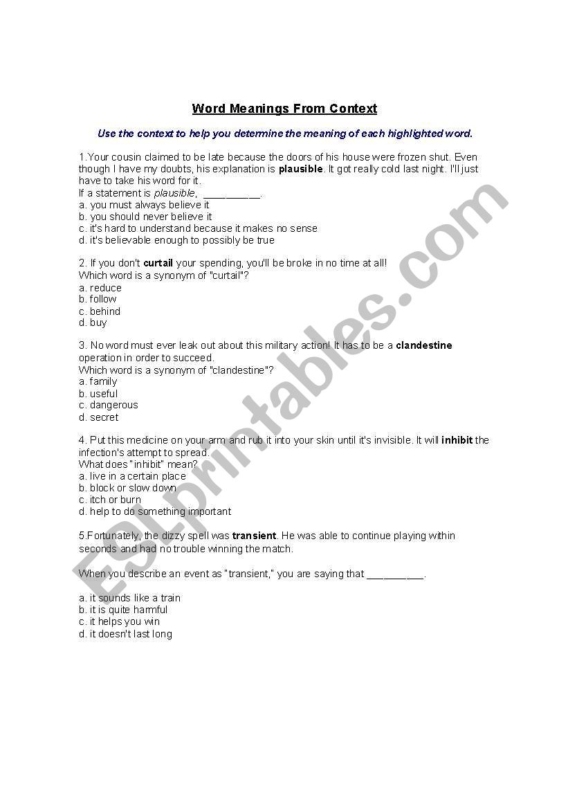 Guess the meaning! worksheet