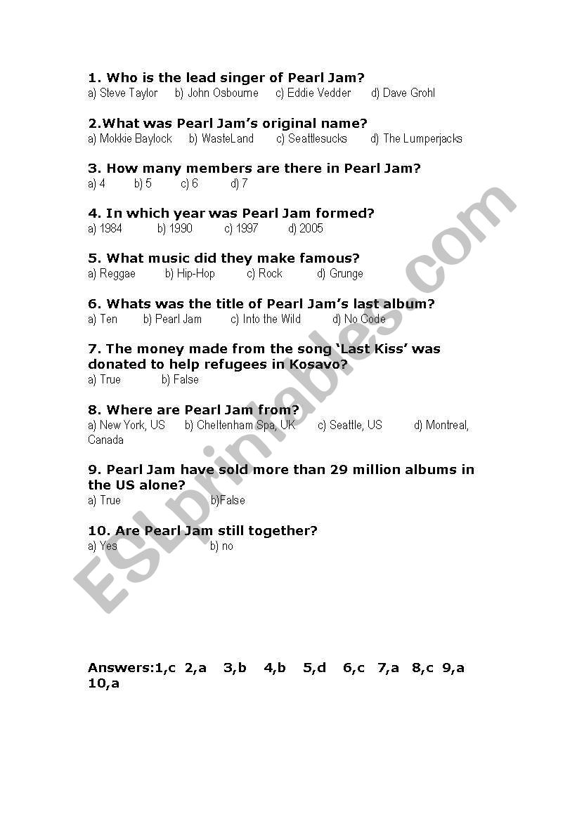 Pearl Jam Quiz worksheet