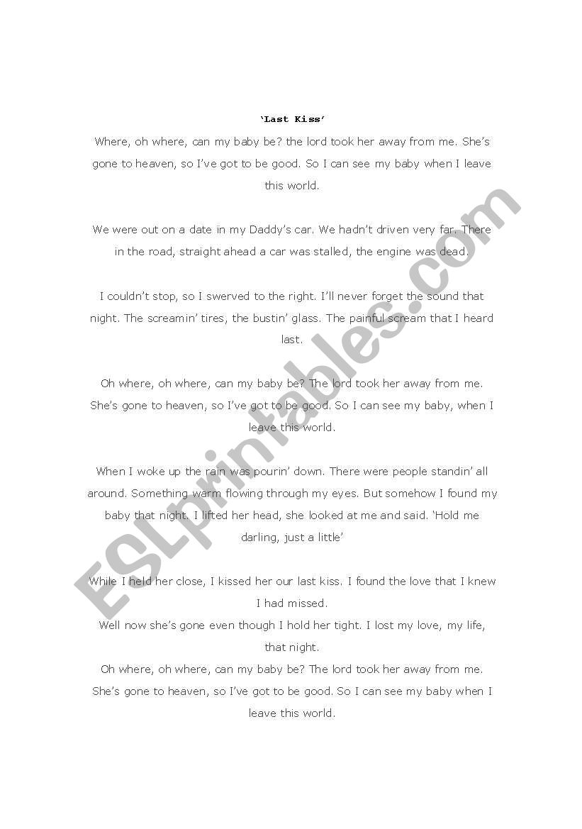 Lyrics to Last Kiss worksheet