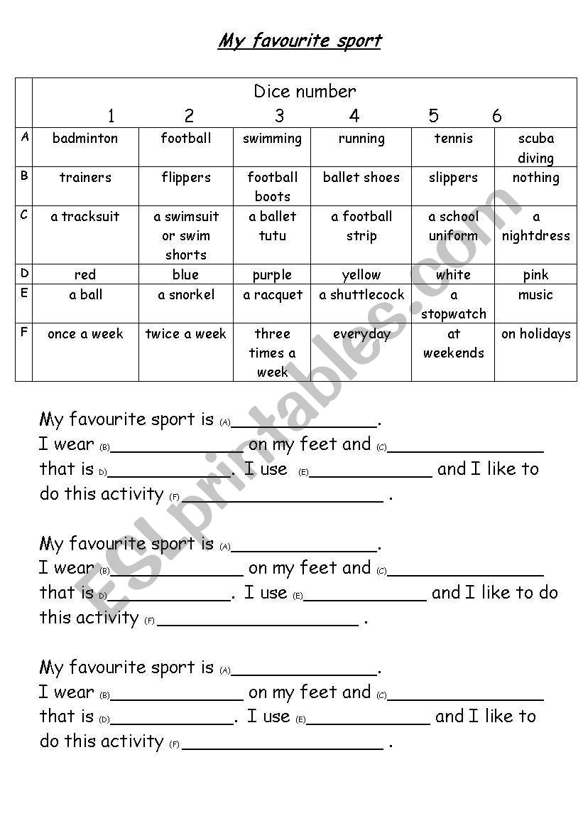 My Favourite Sport worksheet