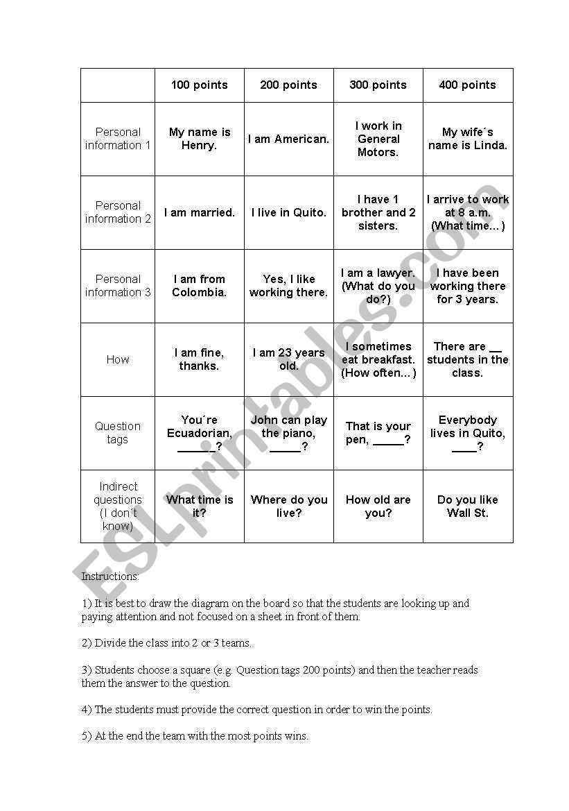 Jeopardy- Basic questions worksheet
