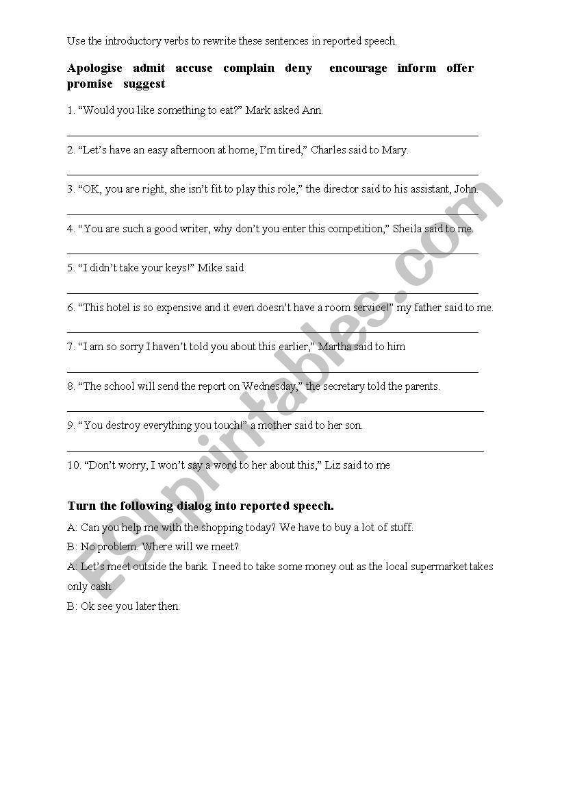 reported speech exercises introductory verbs