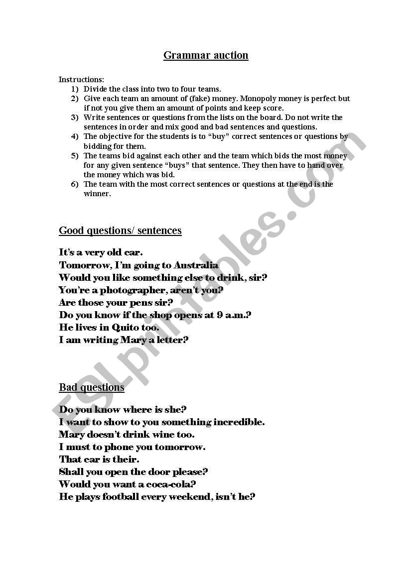 Grammar auction worksheet