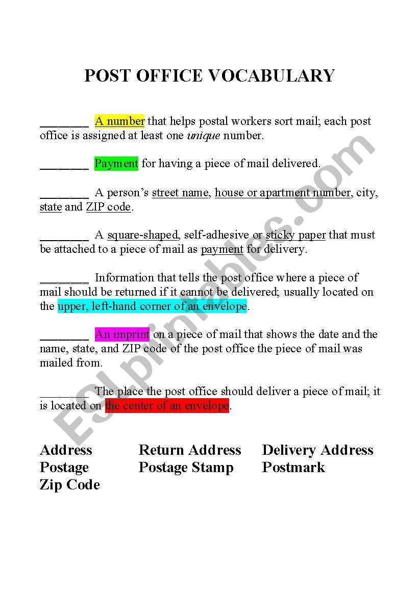 post office vocabulary worksheet