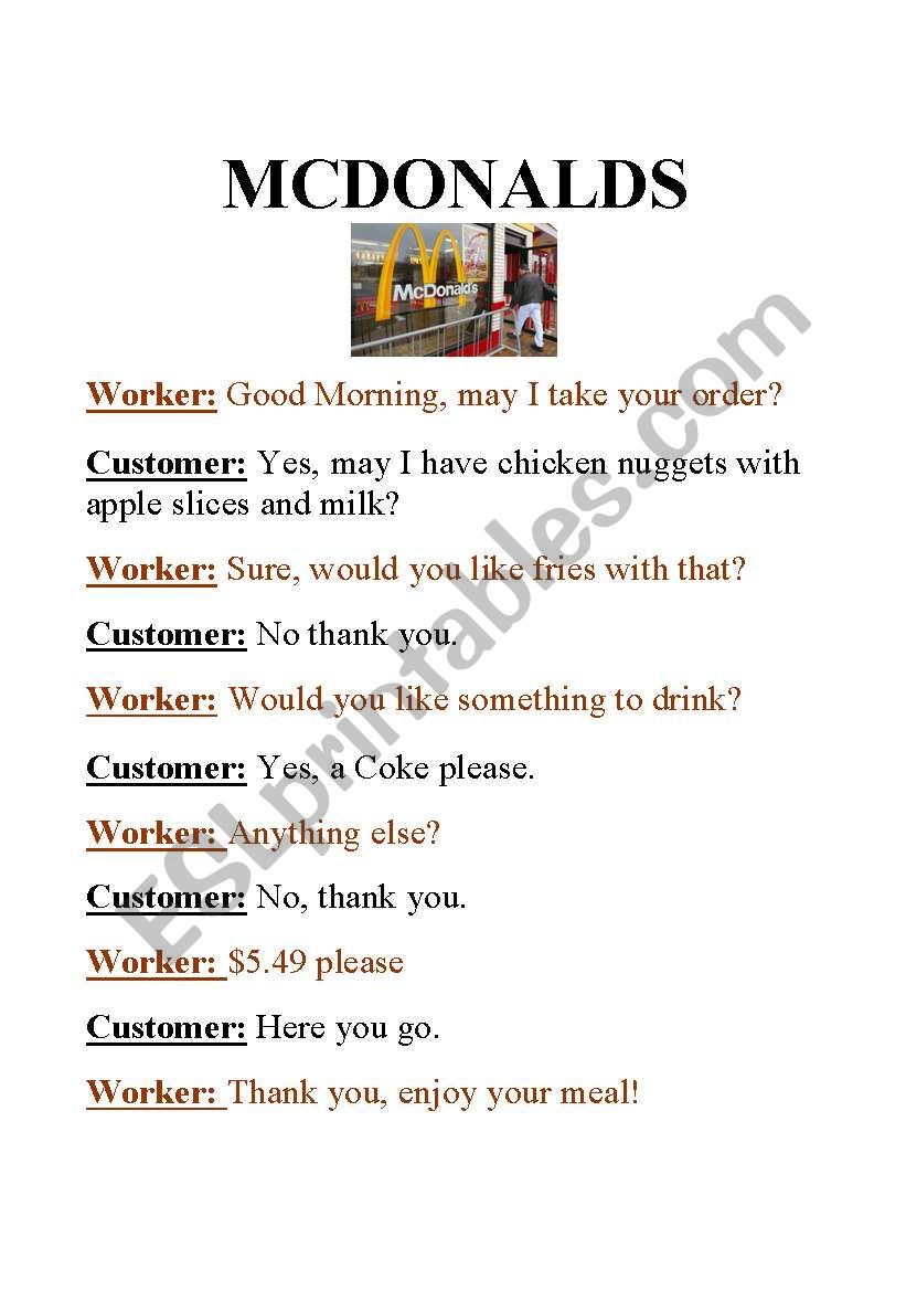 roll play mcdonalds worksheet