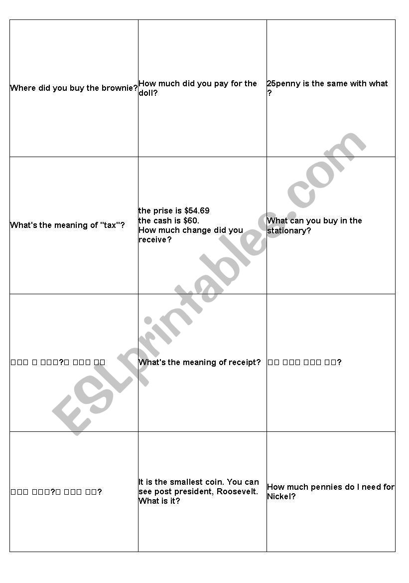 shopping worksheet