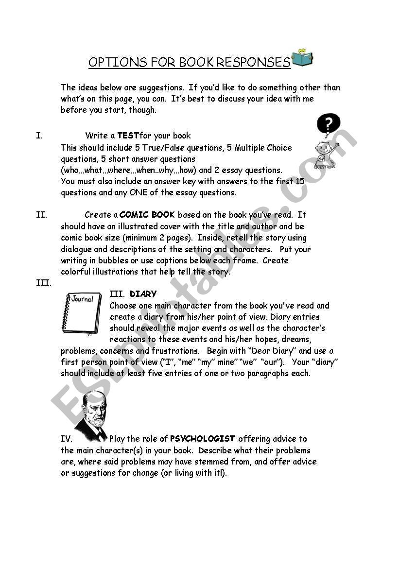 Book Response Options worksheet