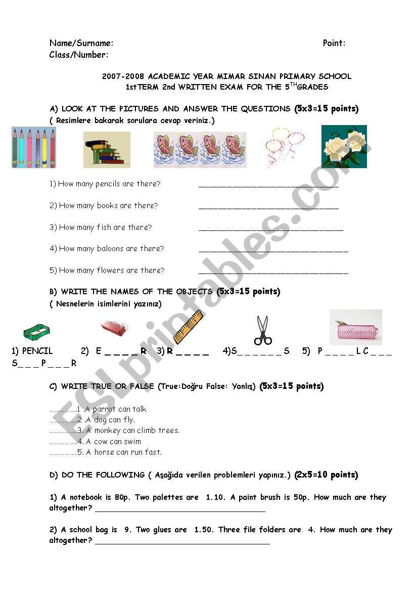 5th grade exam worksheet